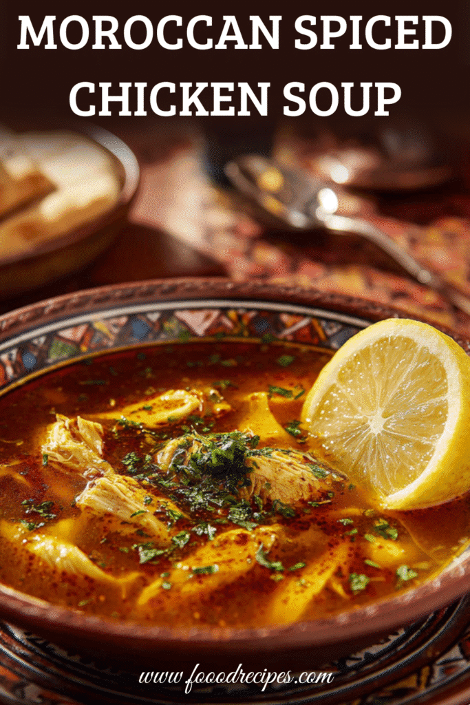 Bowl of Moroccan Spiced Chicken Soup with shredded chicken, lemon slice, and herbs