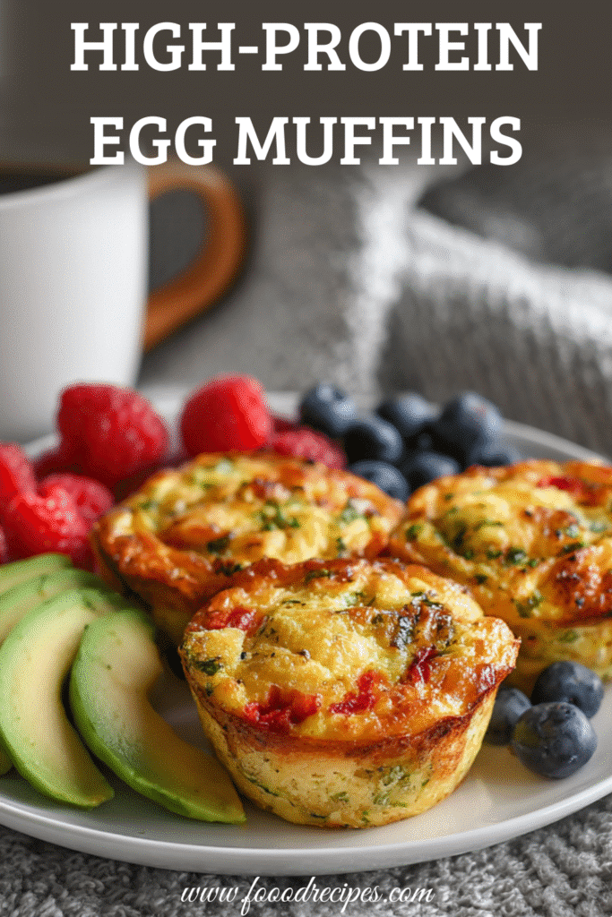 High-protein egg muffins served with avocado and berries on a cozy breakfast plate