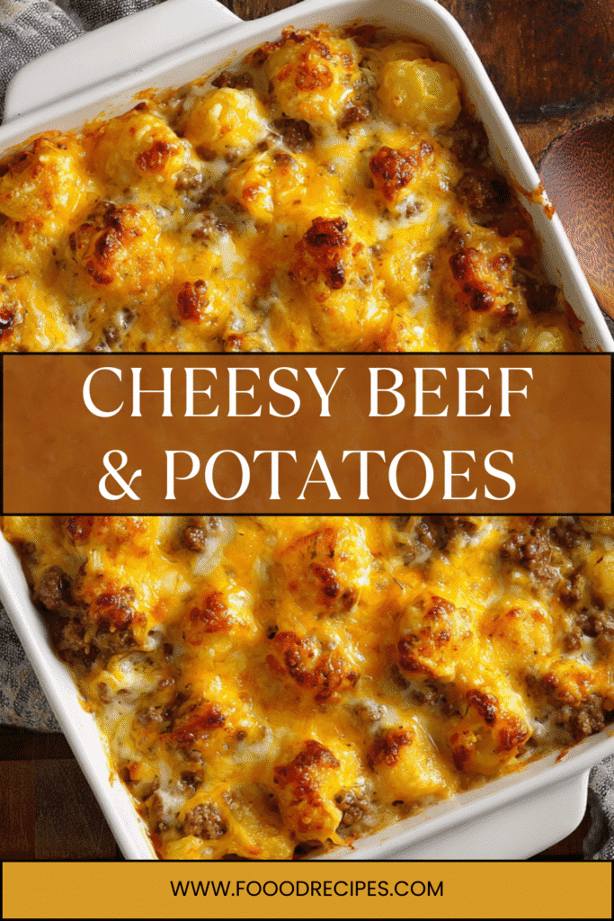 Cheesy Beef and Potato Bake in white casserole dish topped with golden melted cheese
