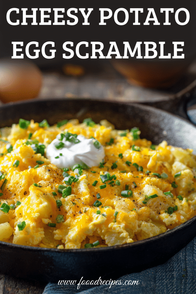 Cheesy potato egg scramble served in a cast iron skillet, topped with sour cream and chives