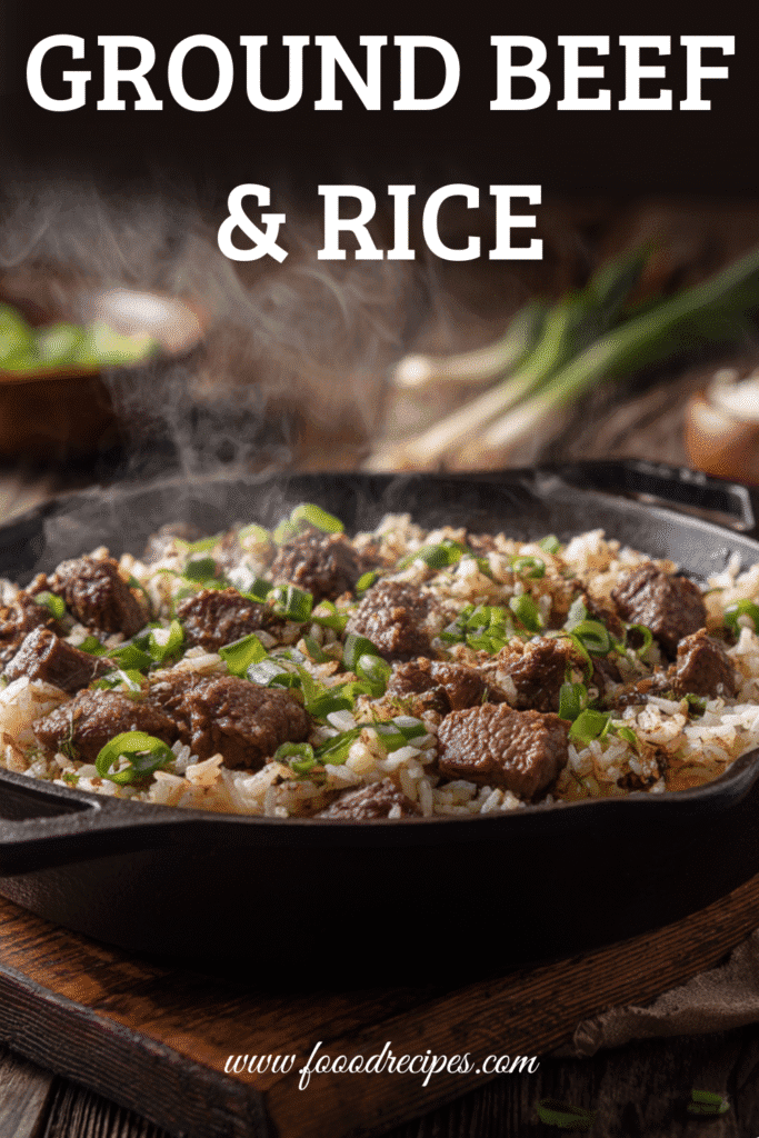 Quick Ground Beef Rice Dinner served in a cast iron skillet with green onions