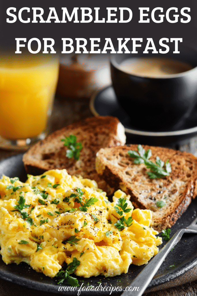 Scrambled eggs for breakfast with toast, coffee, and juice