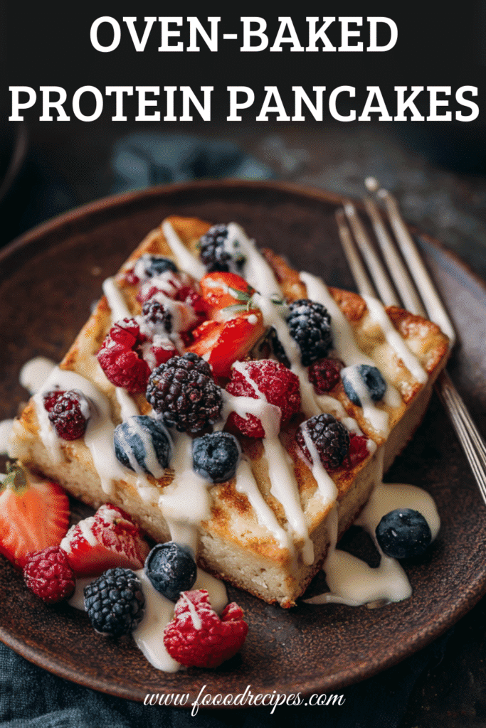 Oven-baked protein pancake breakfast topped with mixed berries and yogurt drizzle