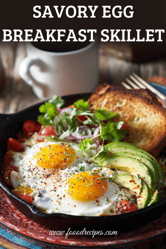 Savory egg breakfast skillet with sunny side up eggs, avocado slices, toast, and herbs served in a cast iron pan.