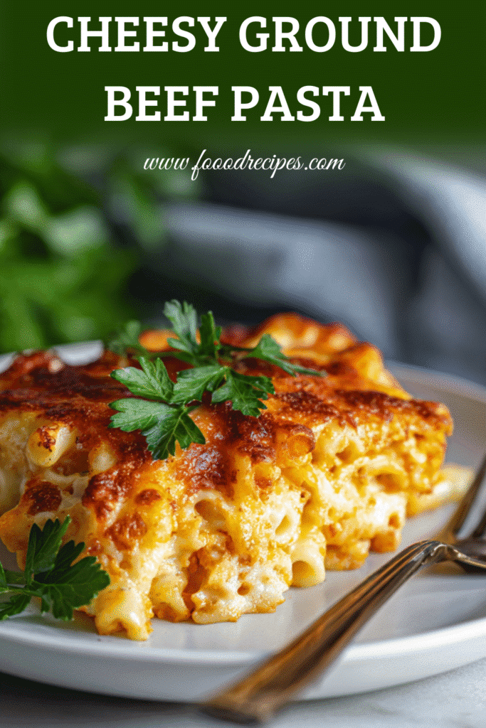 Cheesy ground beef pasta bake slice topped with golden melted cheese and parsley