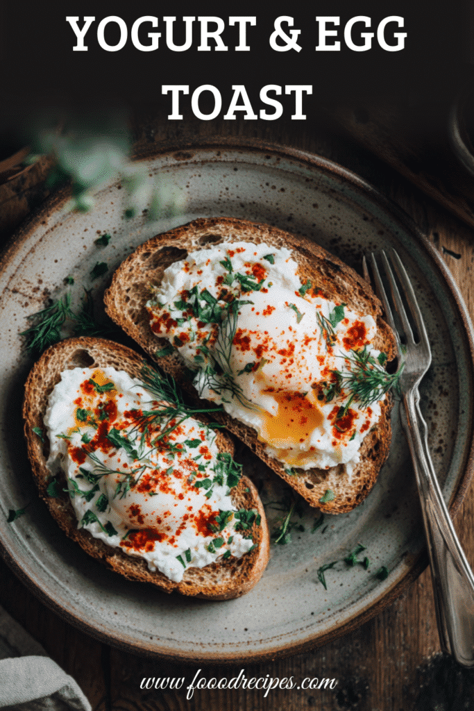 Yogurt and Egg Breakfast Toast topped with herbs and paprika