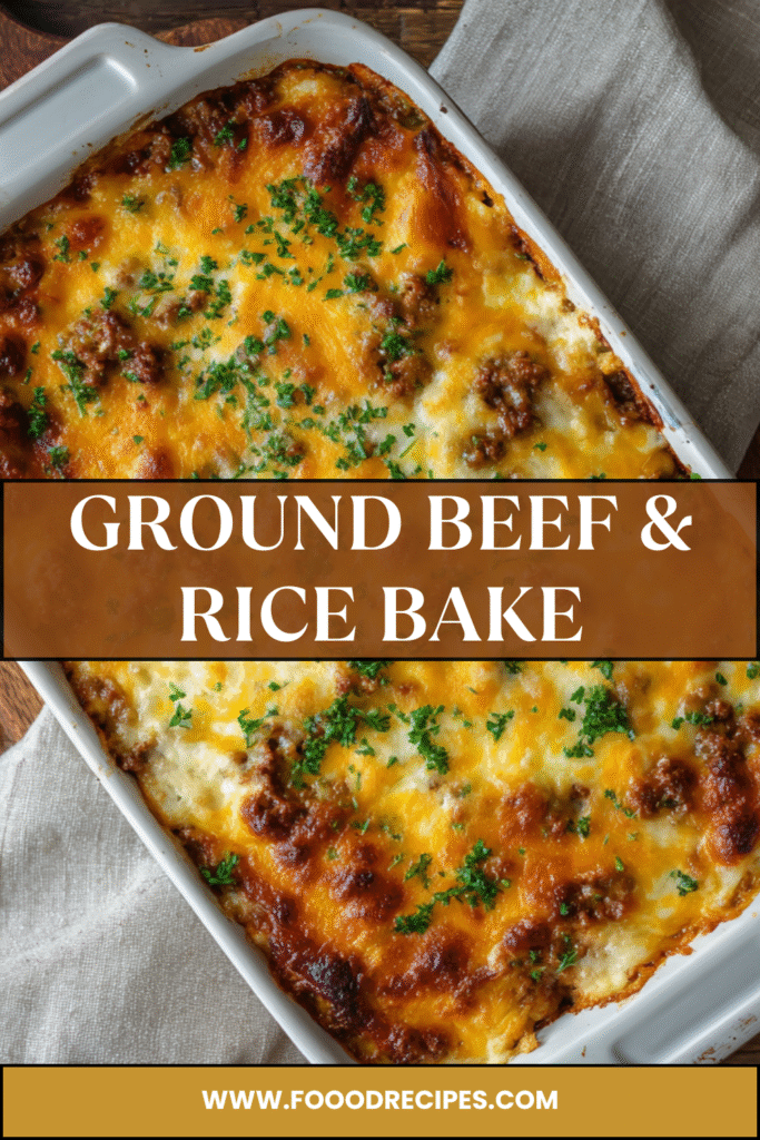 Ground Beef and Rice Bake in a white casserole dish topped with melted cheese and parsley