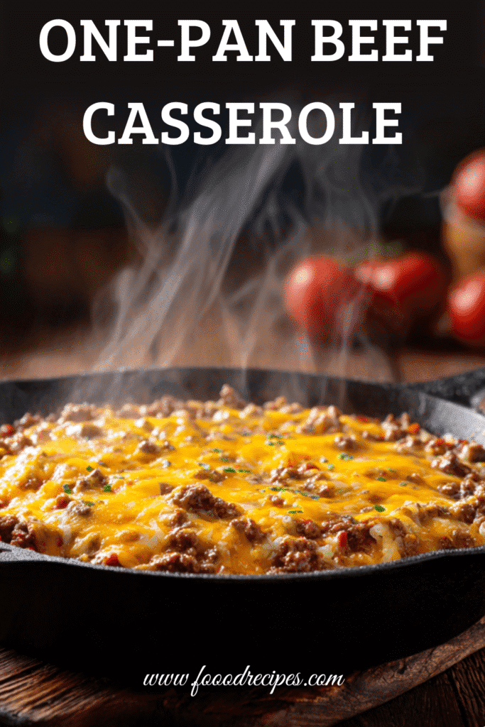 One-pan ground beef casserole in a steaming cast iron skillet topped with melted cheddar cheese, perfect for quick family dinners