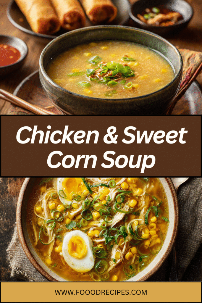 Chicken and sweet corn soup served in rustic bowls, topped with egg and green onions. Cozy and flavorful.