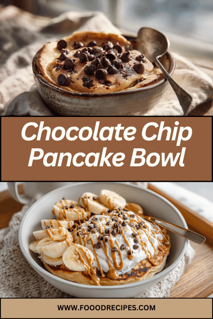 A warm and fluffy chocolate chip protein pancake bowl topped with bananas, Greek yogurt, and peanut butter drizzle perfect for a high-protein breakfast or snack.