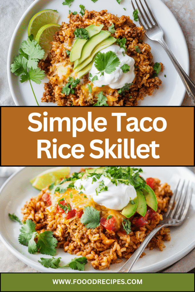 Simple Taco Rice Skillet with avocado, cheese, sour cream, and cilantro