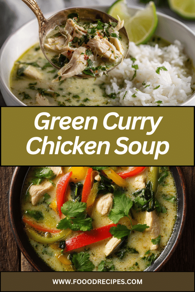 Green Curry Chicken Soup with Vegetables served with rice and colorful bell peppers, styled for Pinterest.