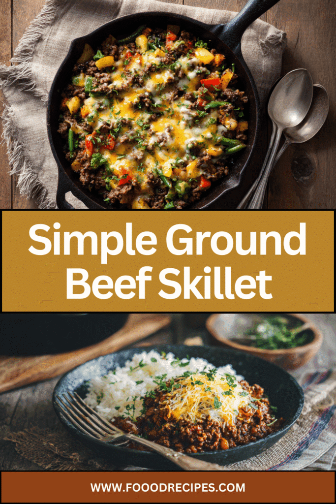 Simple Ground Beef Skillet with Vegetables and Cheese in a Cast Iron Pan