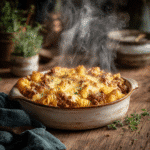 Cheesy ground beef pasta bake casserole fresh from oven