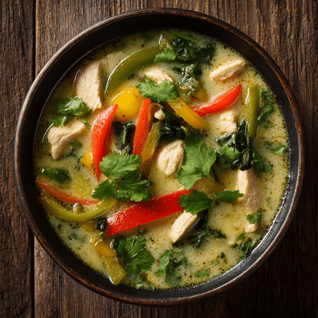 Green Curry Chicken Soup with Vegetables in a bowl