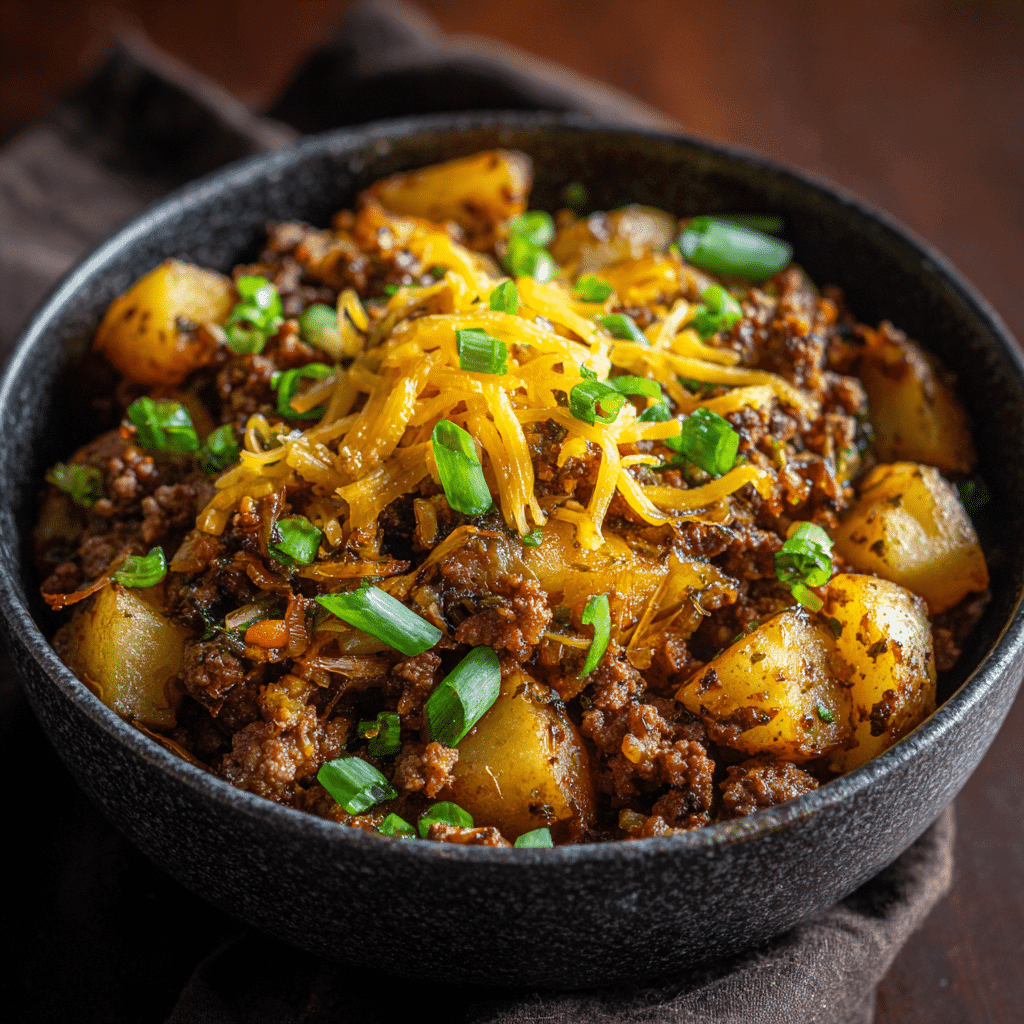 Served ground beef and potatoes skillet in a bowl