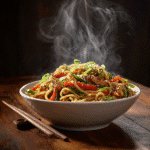 Spicy Chicken Lo Mein served hot with chopsticks