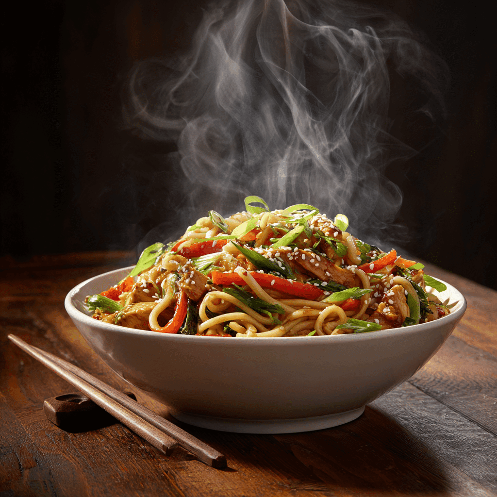 Spicy Chicken Lo Mein served hot with chopsticks