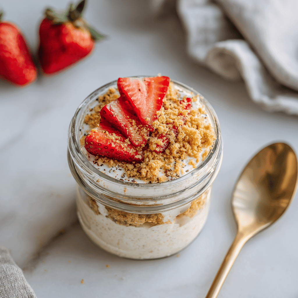 Vanilla Cheesecake Protein Overnight Oats in a mason jar
