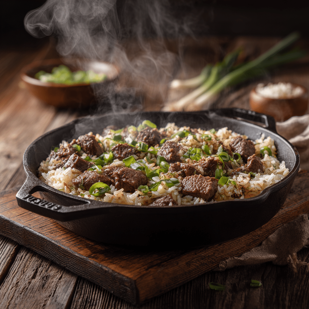 Quick Ground Beef Rice Dinner served in a skillet
