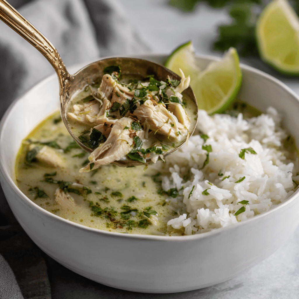 Serving green curry chicken soup in bowl