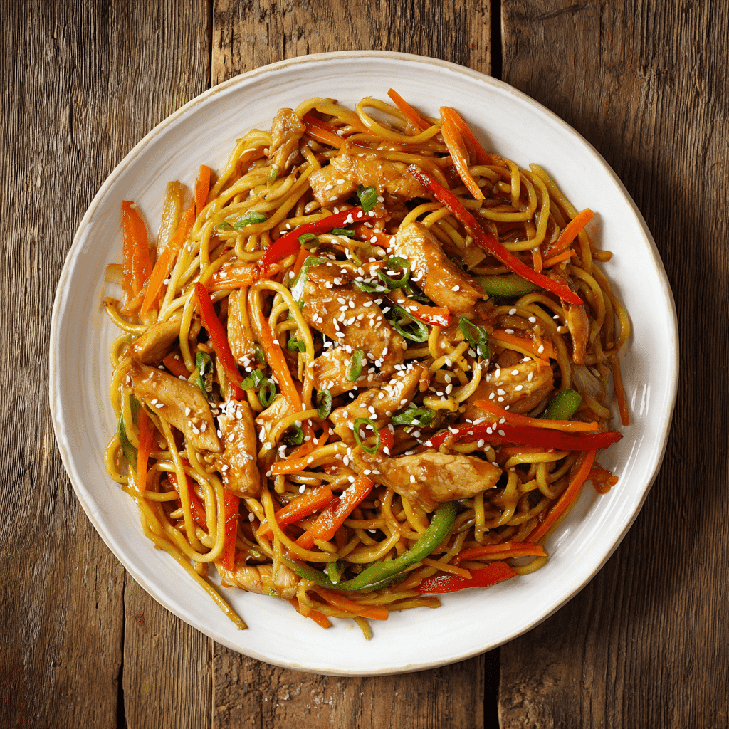 Chicken Lo Mein with carrots and peppers recipe