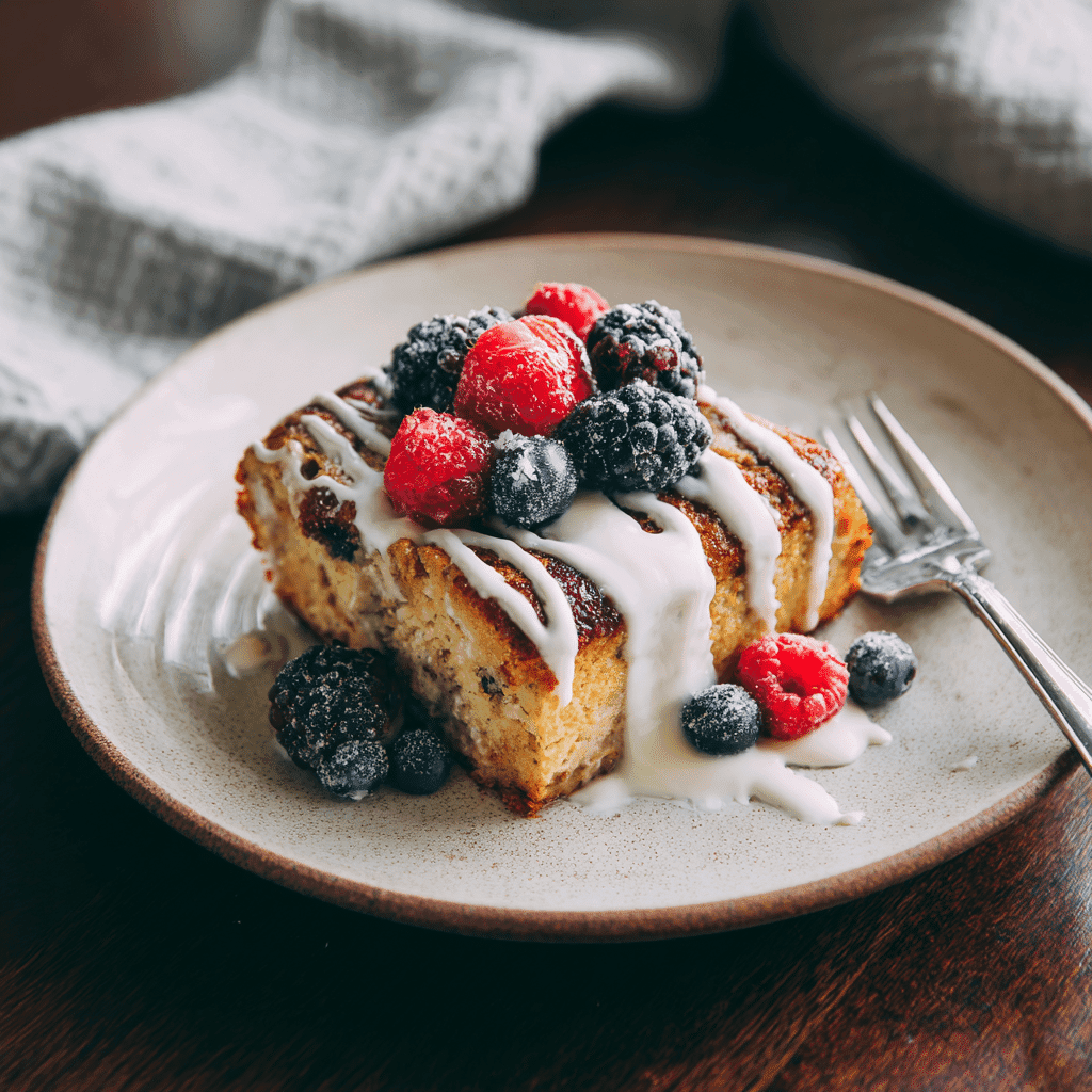 Plated protein pancake breakfast with toppings
