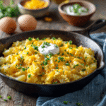Cheesy potato egg scramble in skillet