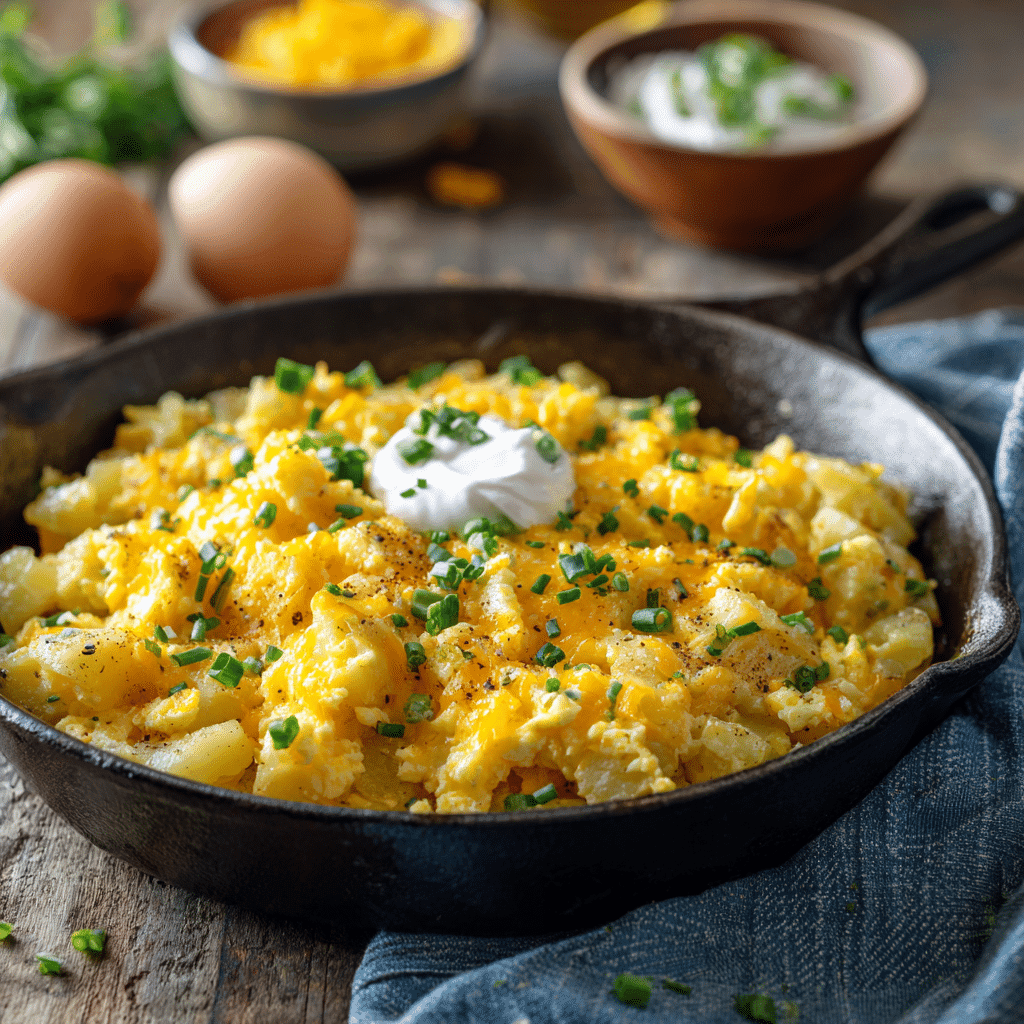 Cheesy potato egg scramble in skillet
