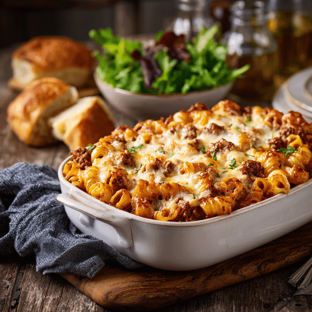 Ground Beef Pasta Casserole baked in a white dish