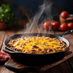 one-pan ground beef casserole in cast iron skillet