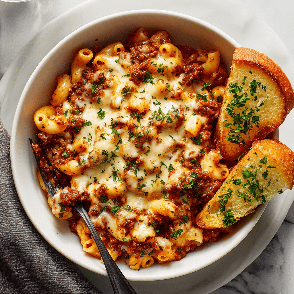 Served One-Pot Beefaroni in a bowl