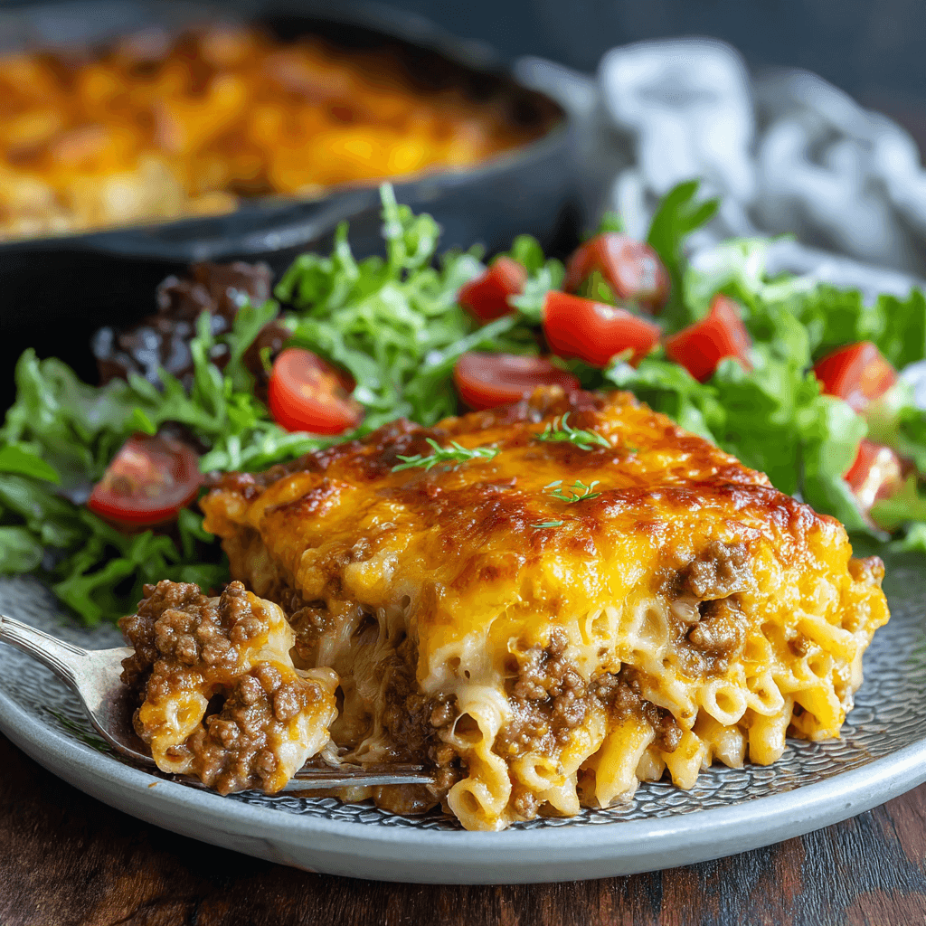 Plated Cheesy Ground Beef Bake with Salad