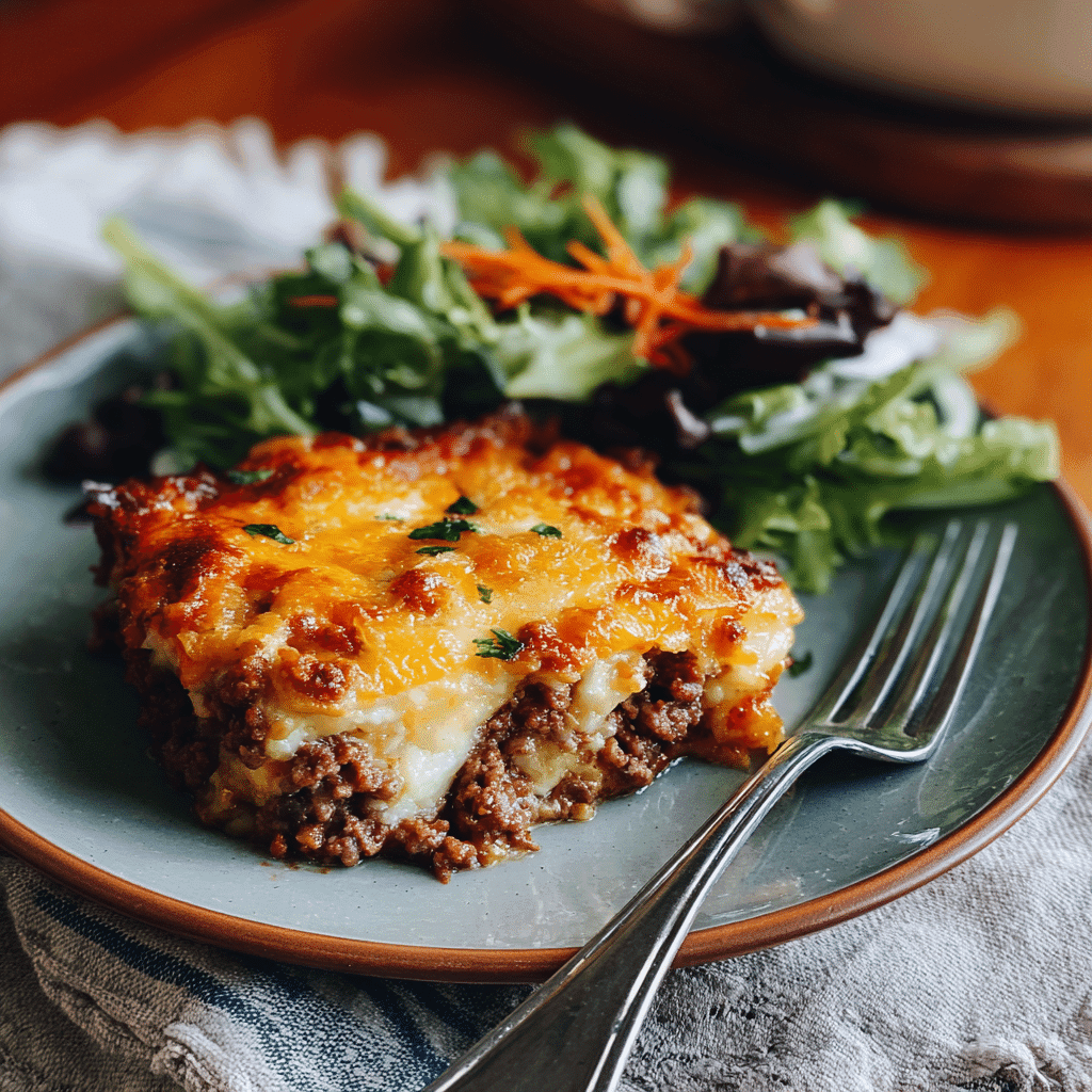 served one-pan ground beef casserole with salad