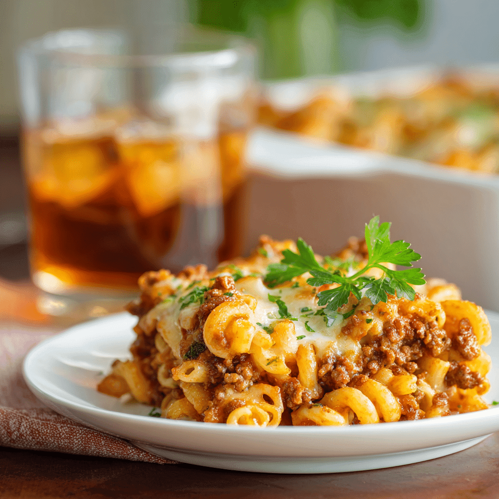Served portion of ground beef pasta casserole