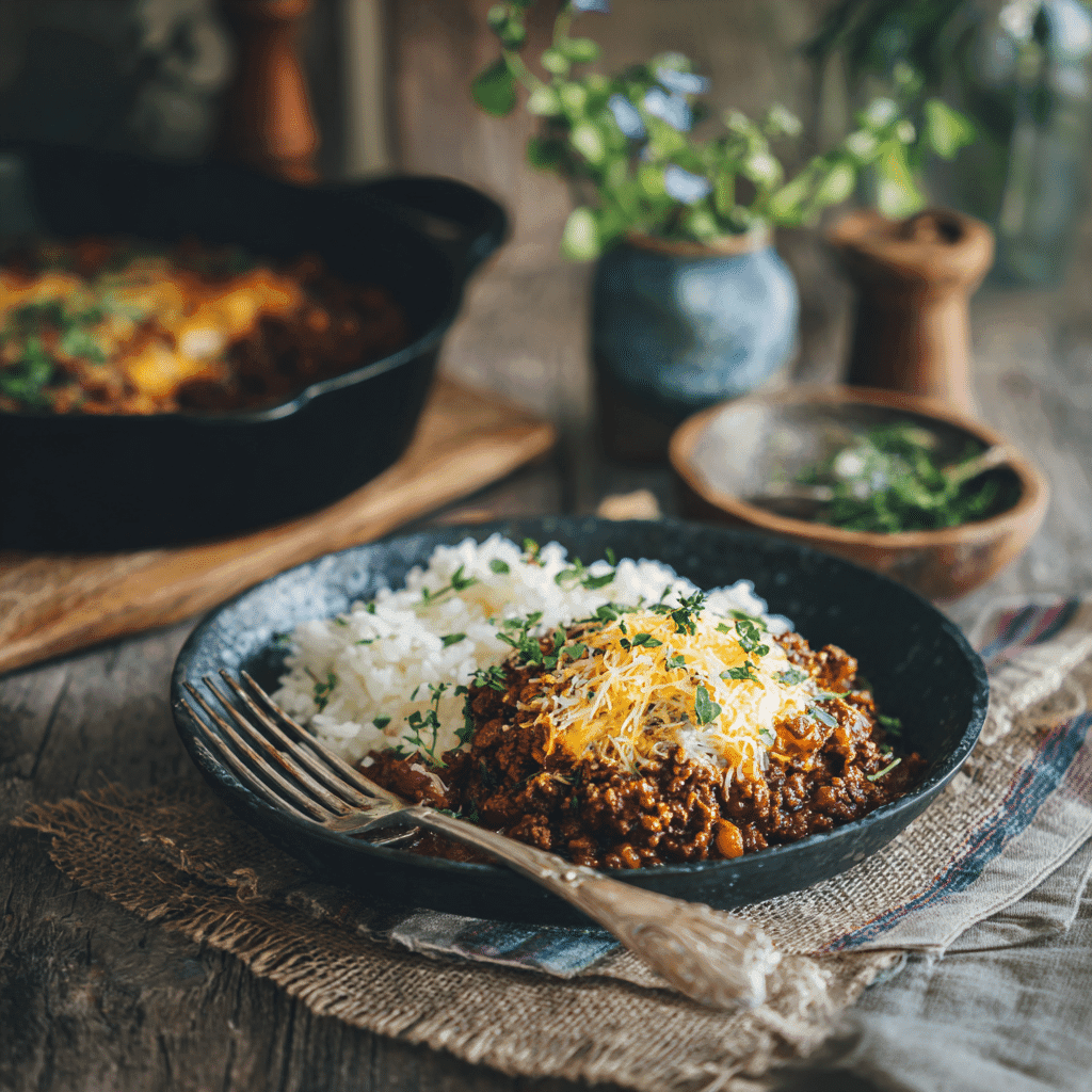 Simple ground beef skillet served with rice and cheese