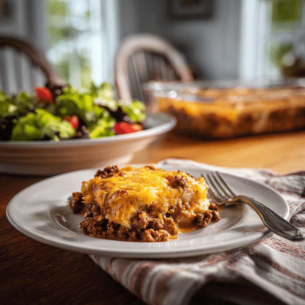 Plated serving of one-dish ground beef casserole