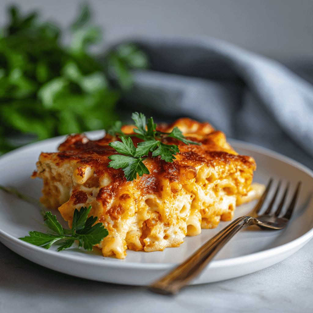 Plated cheesy ground beef pasta bake ready to eat
