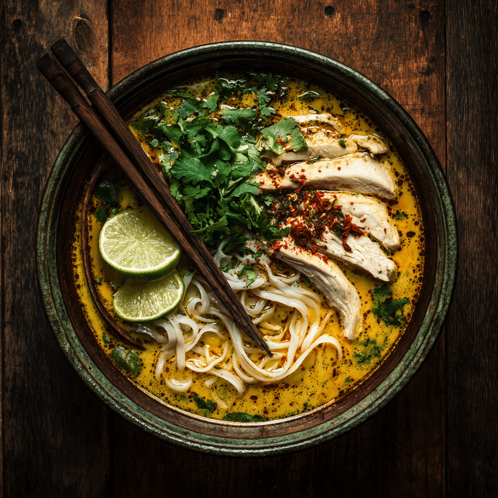 Thai curry chicken noodle soup in ceramic bowl
