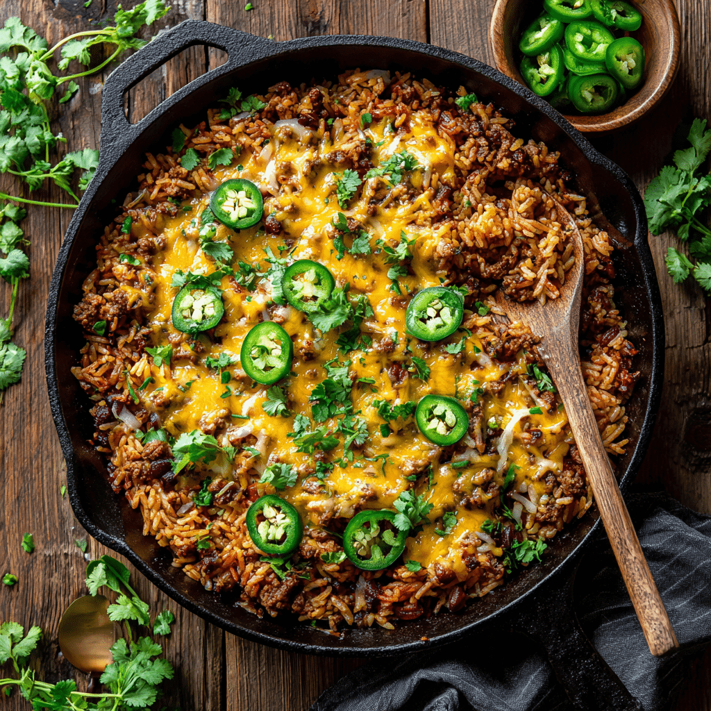 Simple Taco Rice Skillet with cheese and toppings