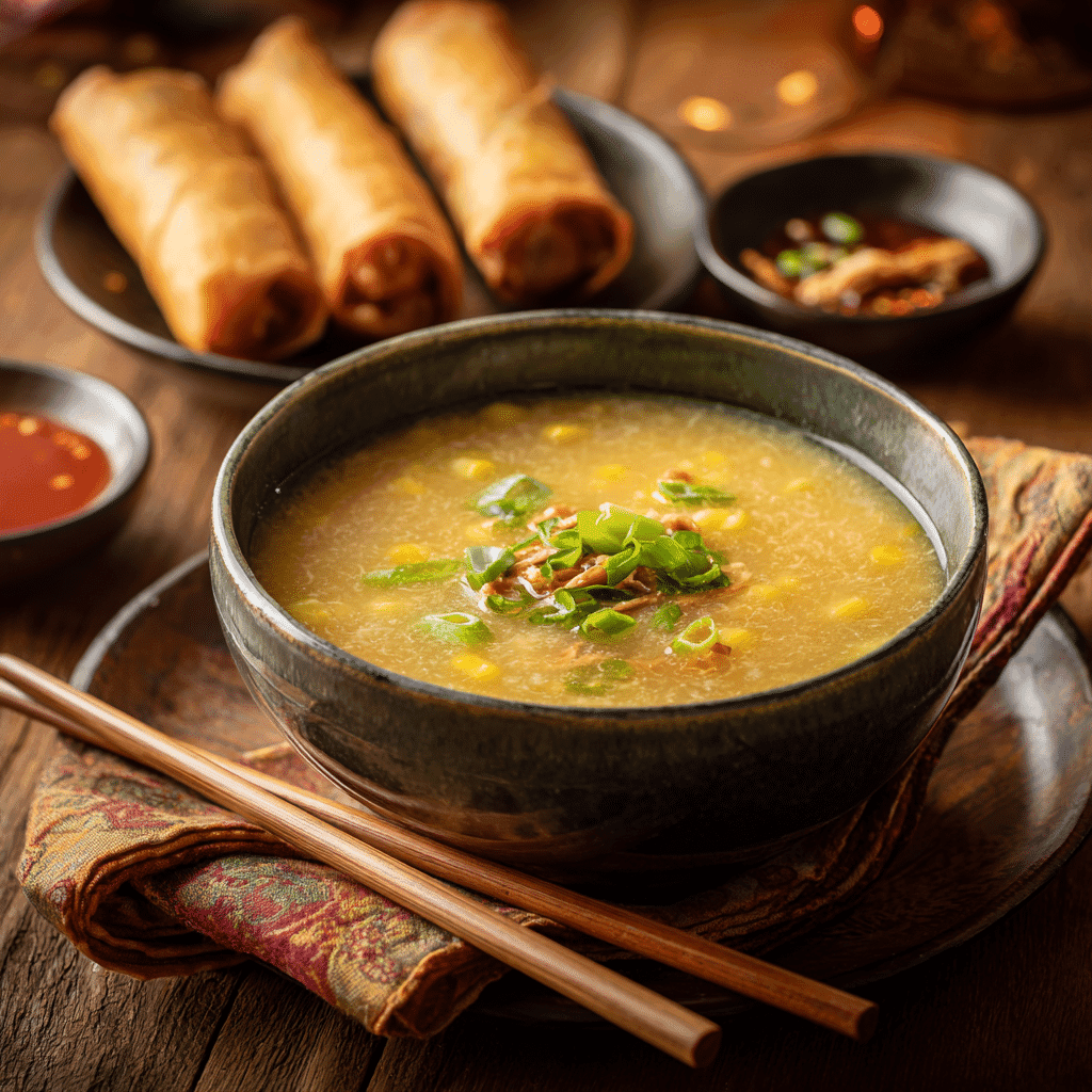 Served chicken and sweet corn soup with Asian sides