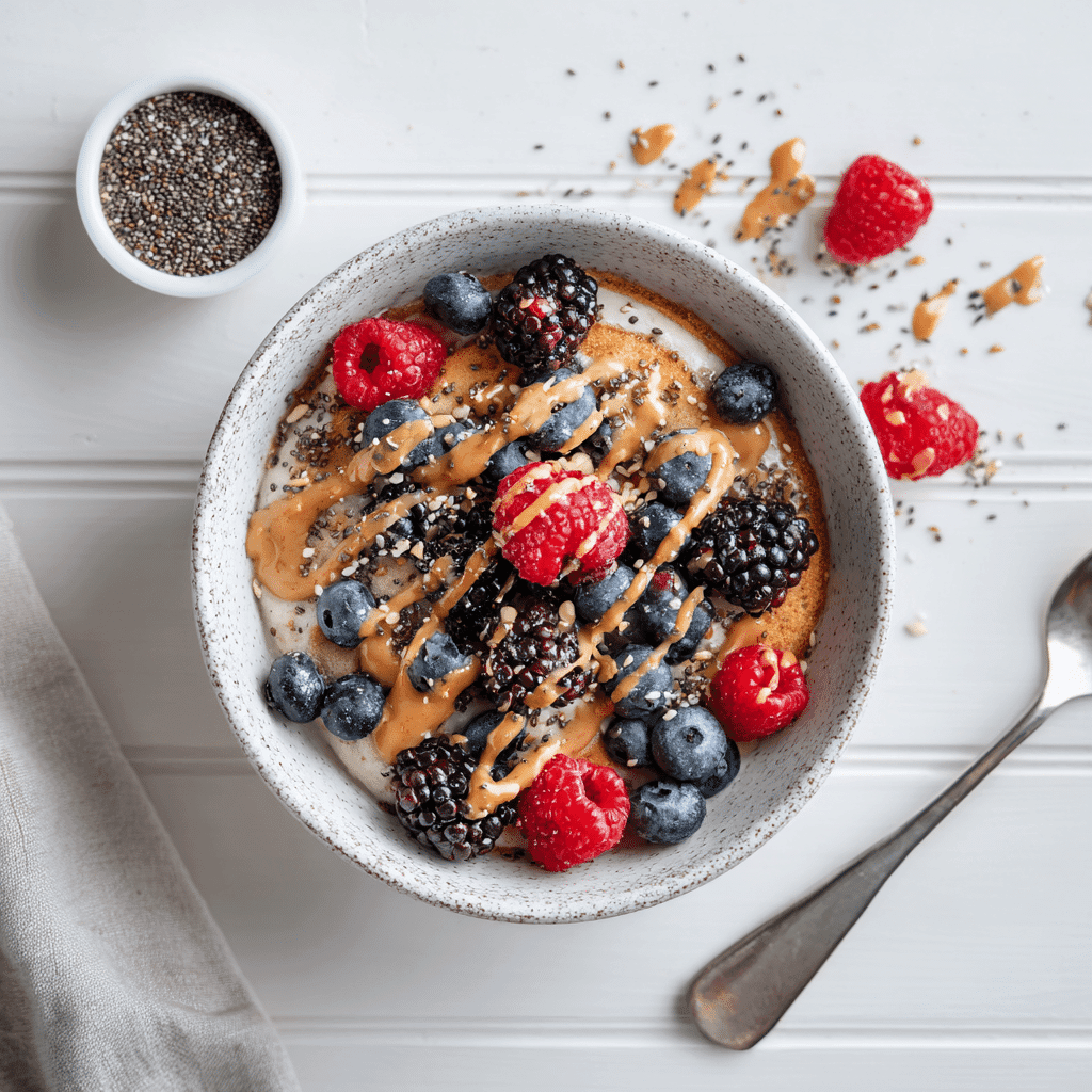 Protein pancake bowl with fresh berries and almond butter