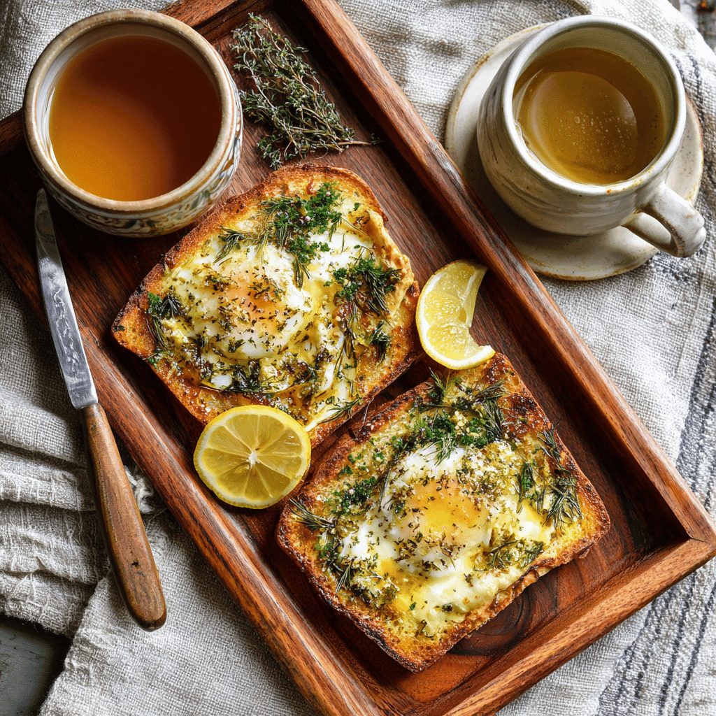 Served yogurt and egg breakfast toast with tea
