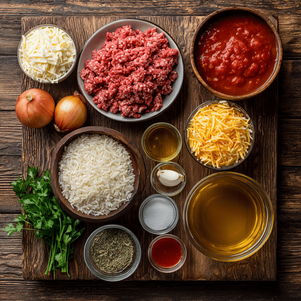 Ingredients for Ground Beef and Rice Bake