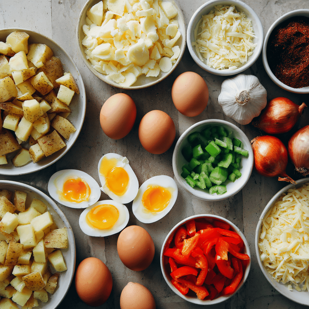 Ingredients for savory egg breakfast skillet