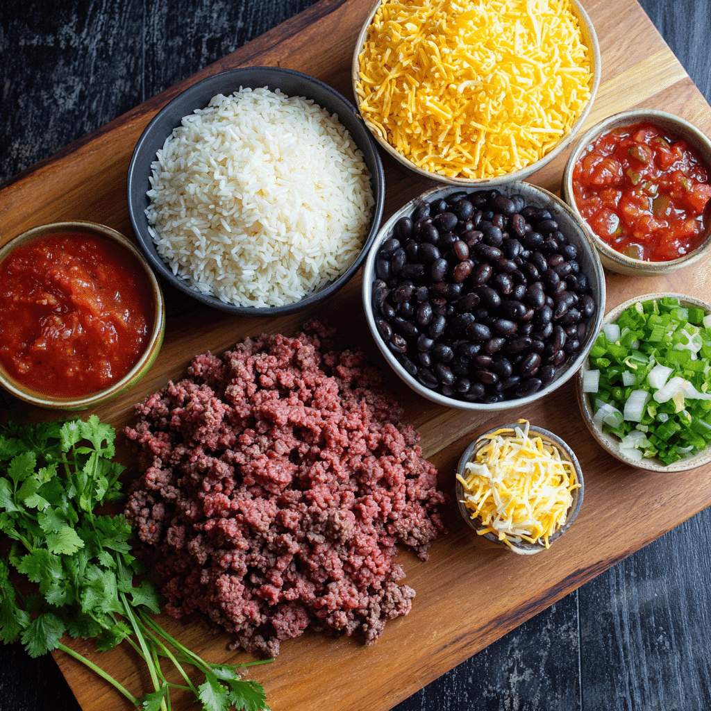 Ingredients for simple taco rice skillet
