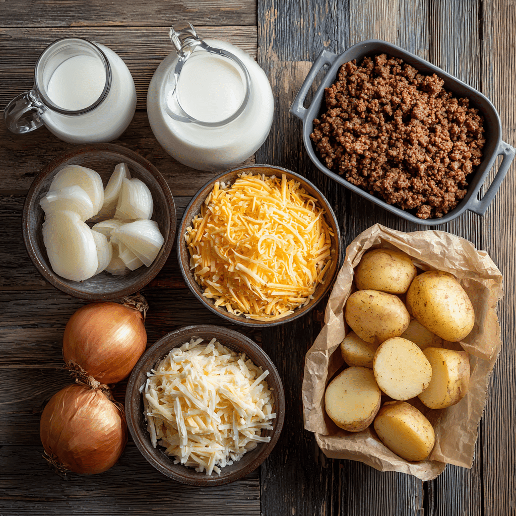 Ingredients for cheesy beef and potato bake laid out on a table