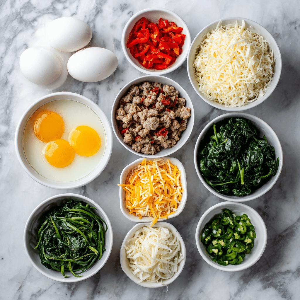 Ingredients for high-protein egg muffins flat lay