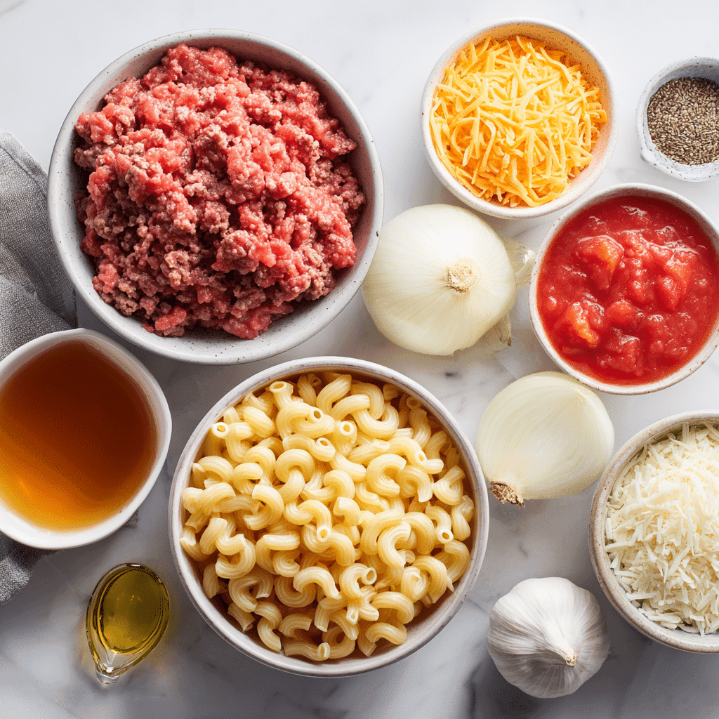 Ingredients for one-dish ground beef casserole on a countertop