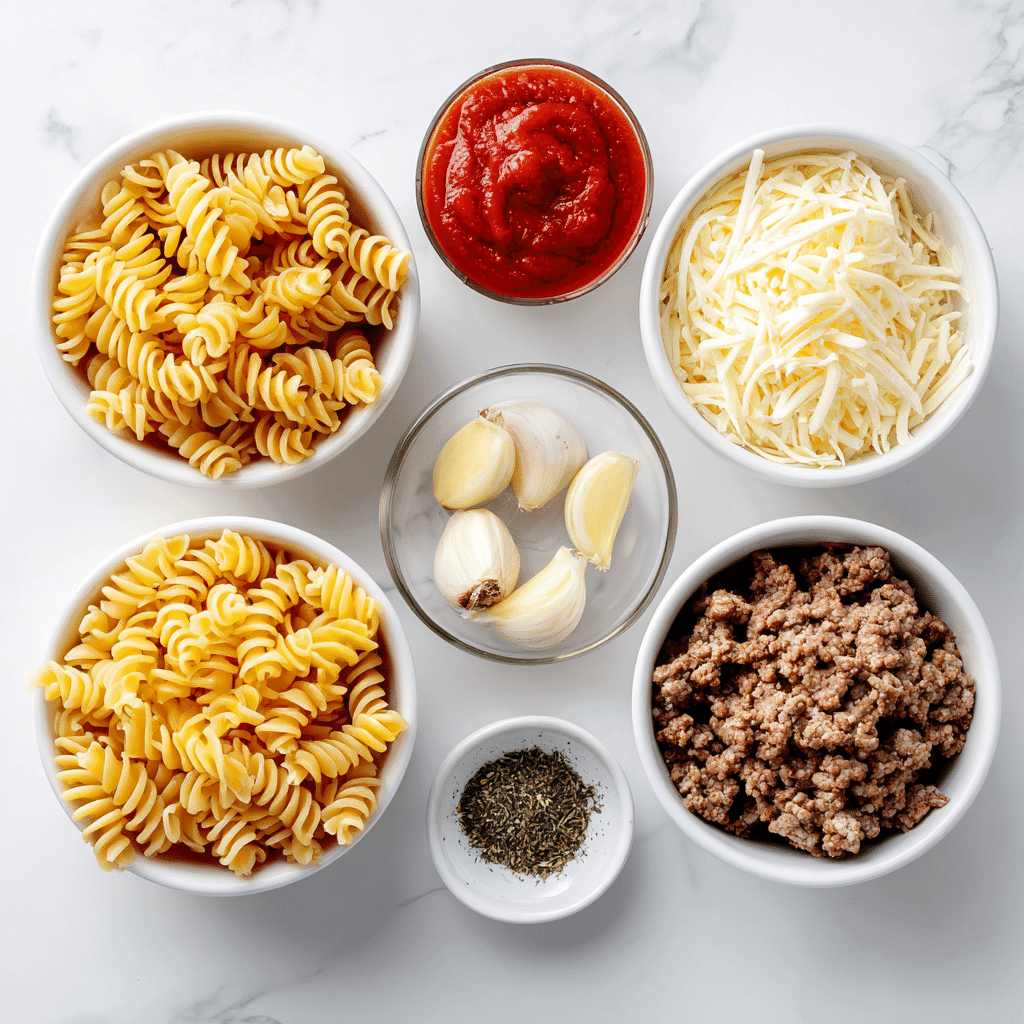 Ingredients for cheesy beef pasta bake